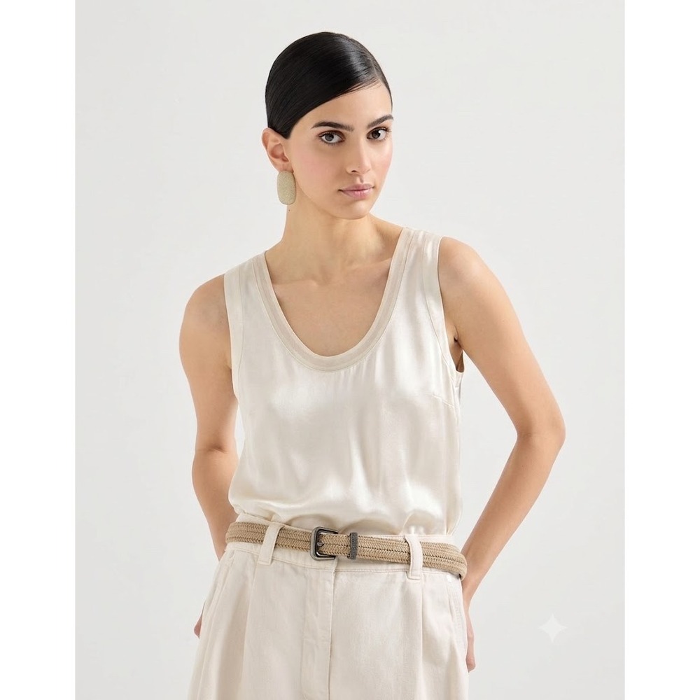 Brunello Cucinelli Cream Pearlescent Silk Blend Scoop Neck Sleeveless Shell Top